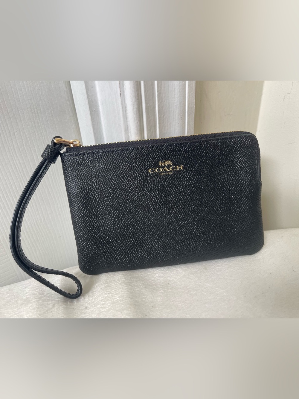 Coach Black Leather Wristlet with Gold Logo